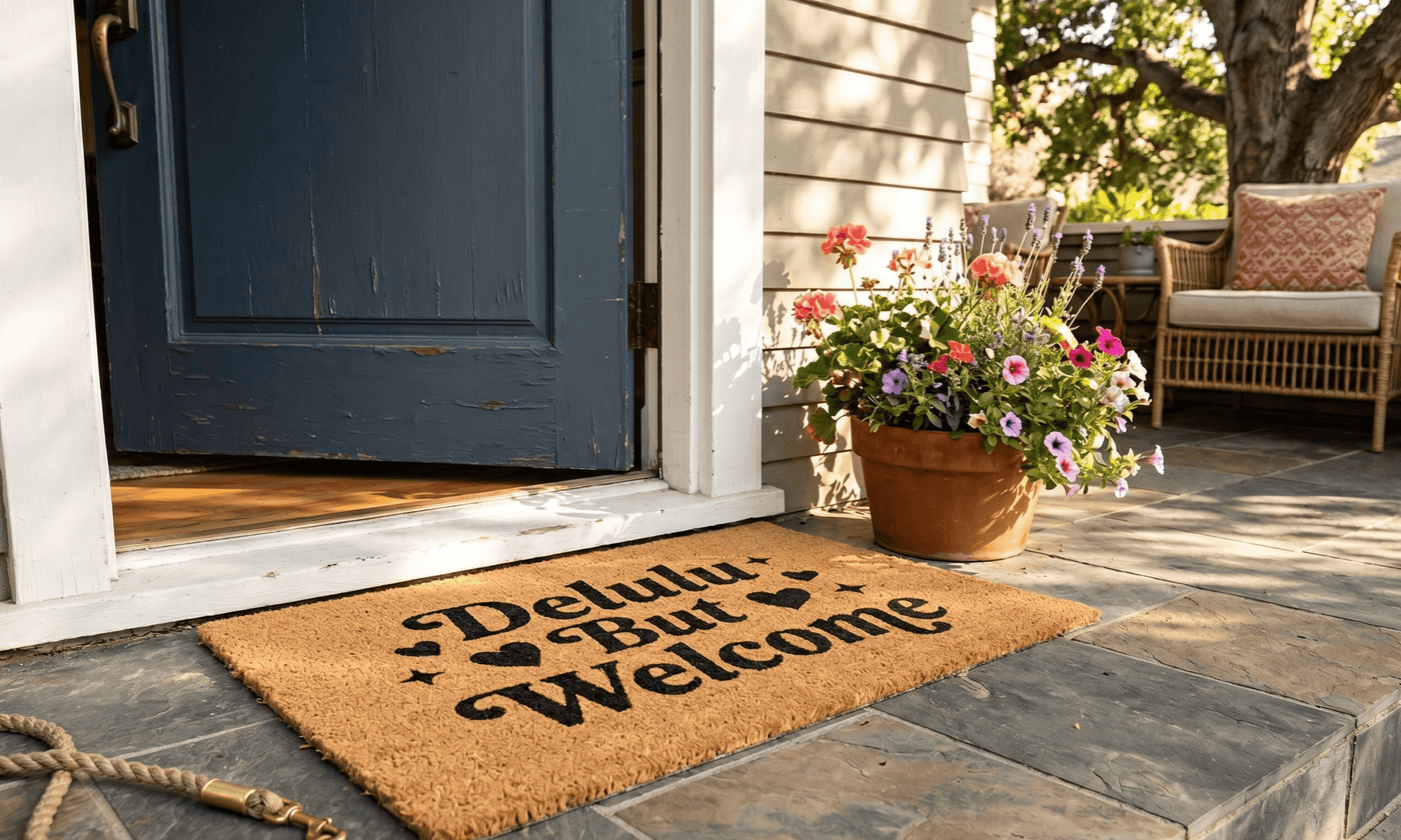 Delulu But Welcome Coir Doormat | Funny Retro Sparkle Welcome Mat 